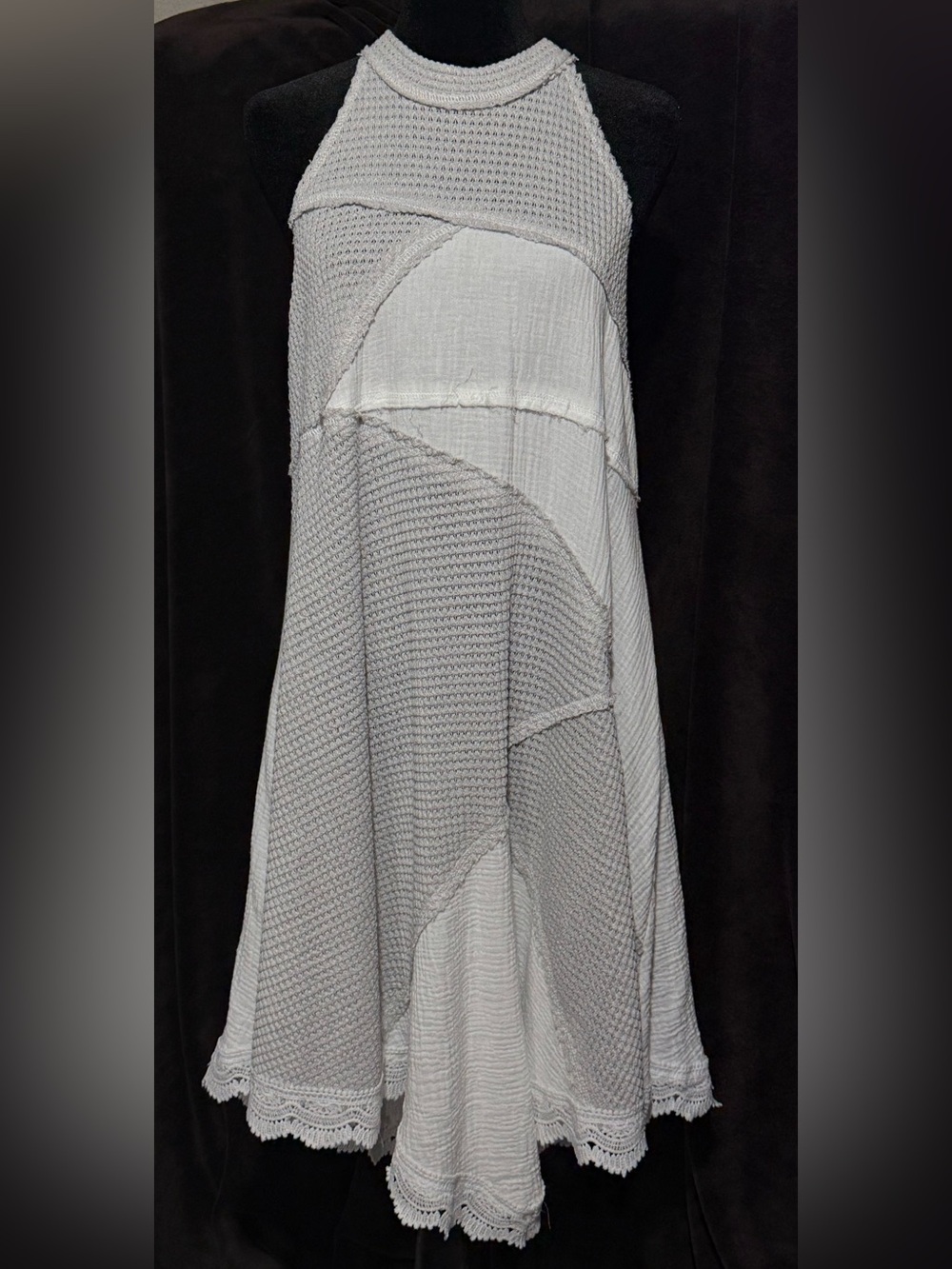POL Asymmetrical Cream-White Textured Halter Dress